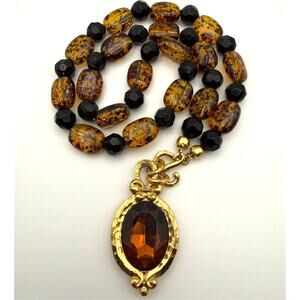 Vintage Faux Amber Bead Necklace w/ Hammered Pendant | Boho Statement Piece
